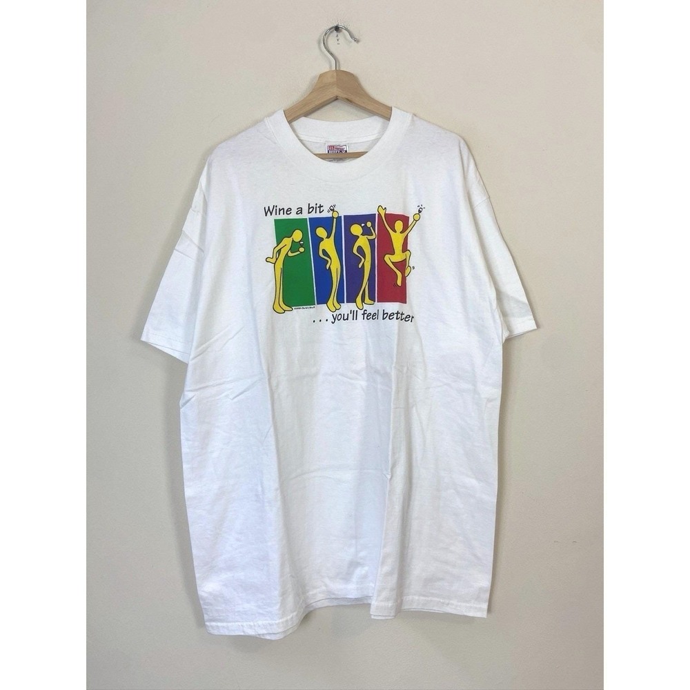Vintage 90's Wine Dance Party Art Cartoon Funny‎ White Tee Shirt - XL